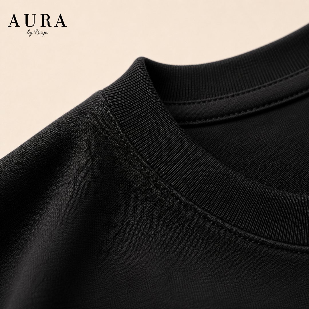 Close-up of the ribbed collar and cotton texture